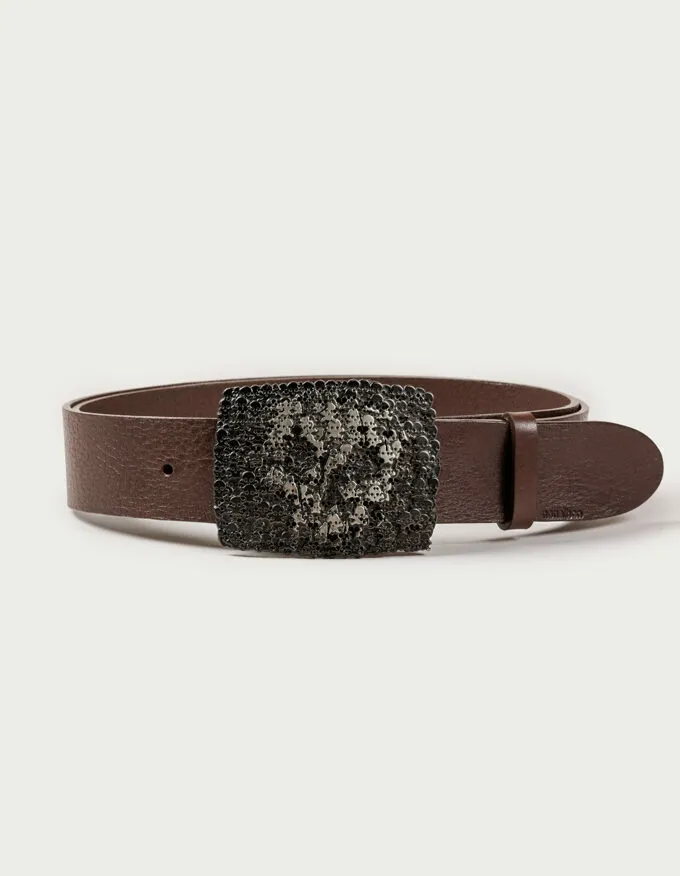 Cinturón Bronx. Hebilla color plata ennegrecida con diseño de calavera.