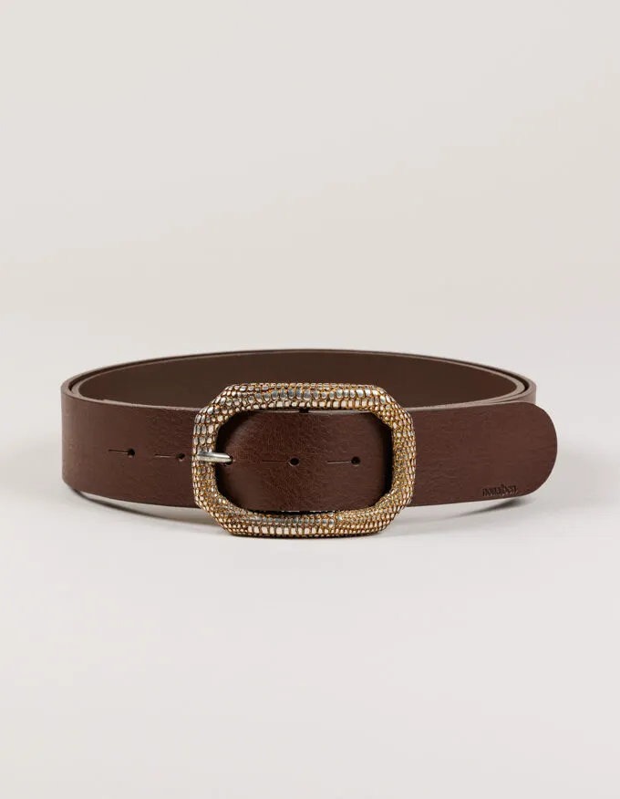 Lizard Doré belt. Golden rectangular buckle with lizard engraving.