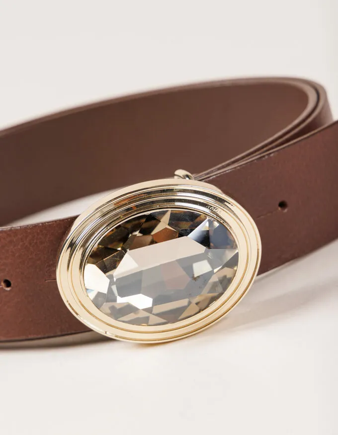 Belt Frida Doré. Golden jewel buckle with smoked glass.