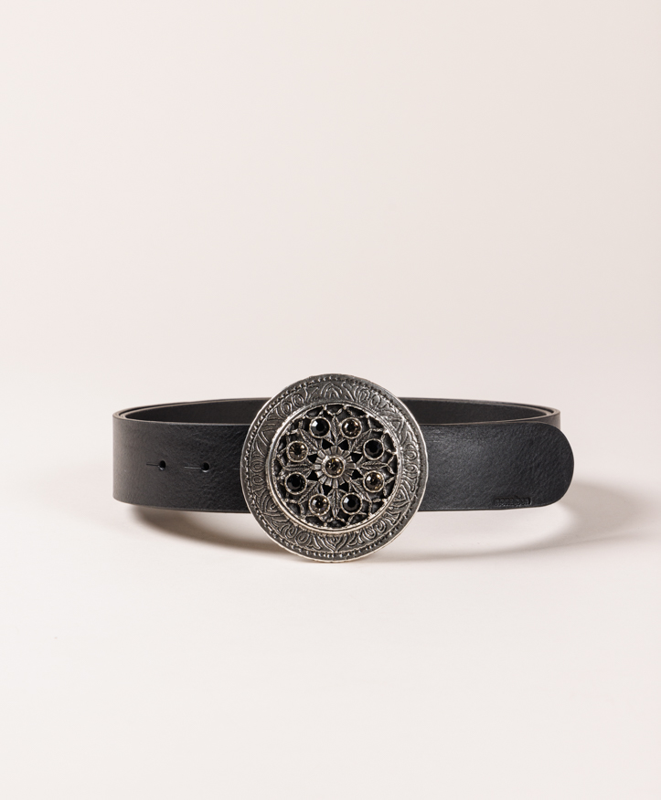 Belt Florence. Round silver buckle with black and smoke crystals. - Nona