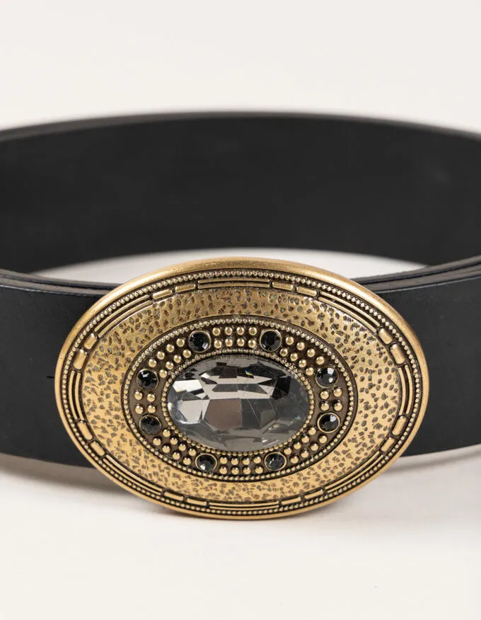 Belt Margot. Old gold oval buckle with central crystal.