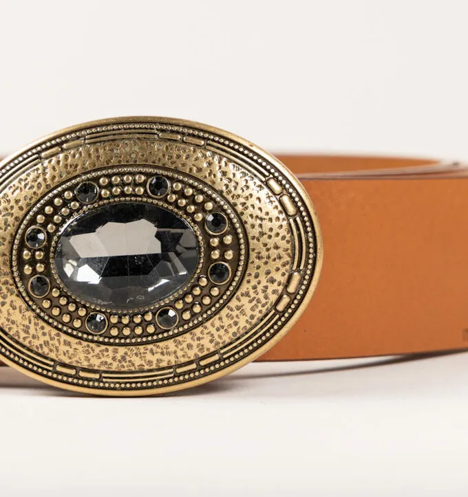 Belt Margot. Old gold oval buckle with central crystal.