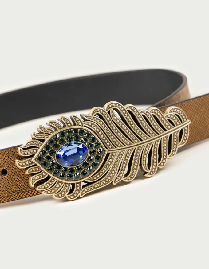 Belt Olympia. Golden feather design buckle with blue and green crystals.