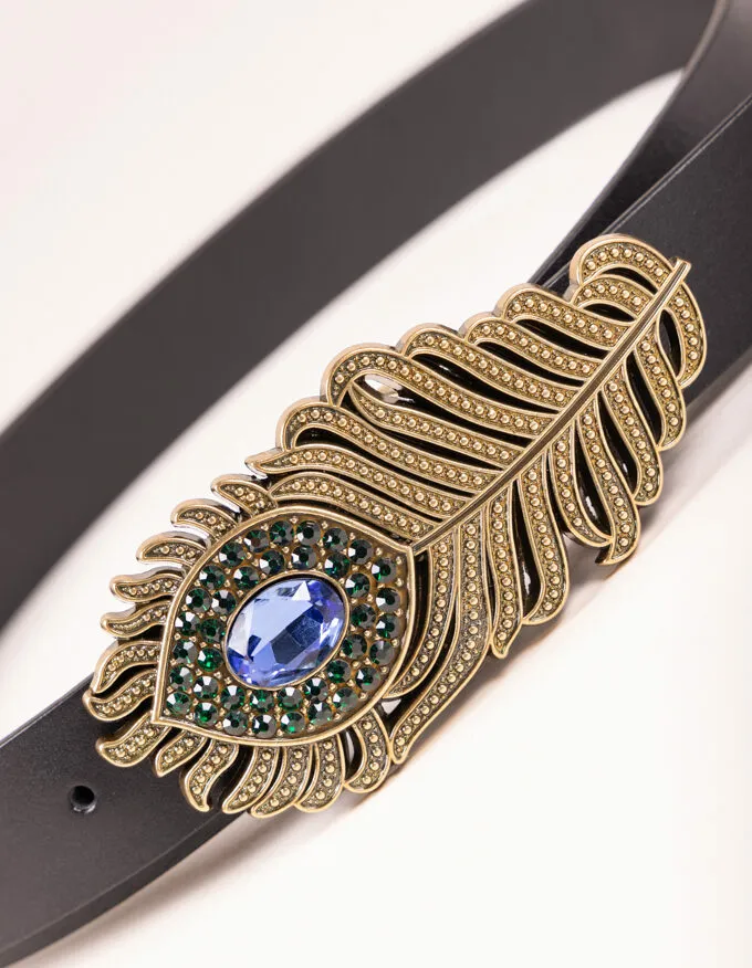 Belt Olympia. Golden feather design buckle with blue and green crystals.
