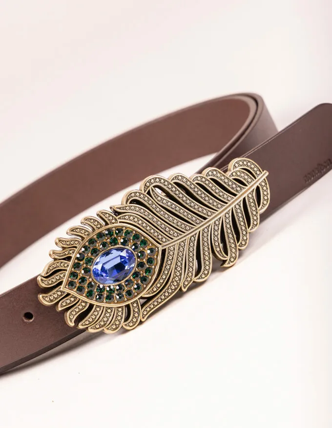 Belt Olympia. Golden feather design buckle with blue and green crystals.