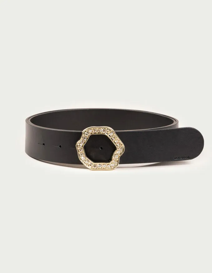 Belt Scarlett Oro. Gold buckle surrounded by crystals.