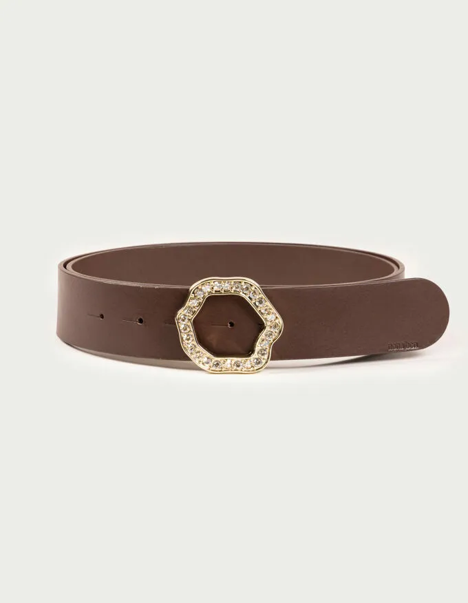 Belt Scarlett Oro. Gold buckle surrounded by crystals.