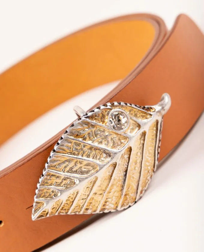 Belt Forest Oro. Gold Leaf-Shaped Buckle and Inset Crystal