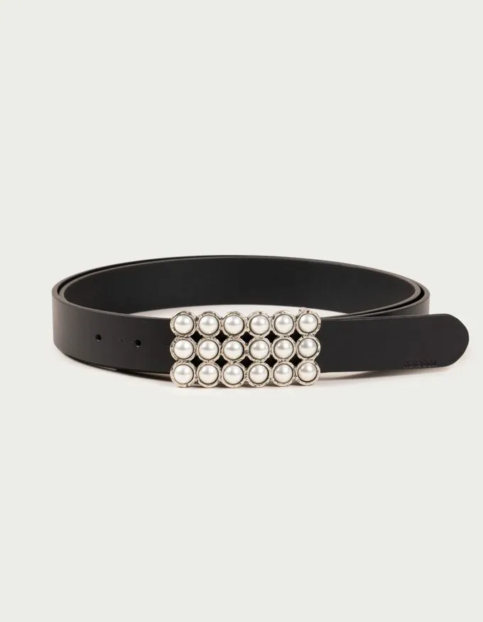 Belt Anaïs. Beautiful silver rectangular buckle adorned with pearls