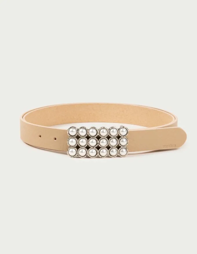 Belt Anaïs. Beautiful silver rectangular buckle adorned with pearls