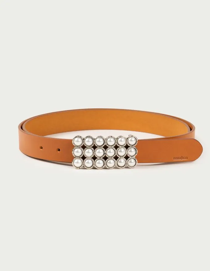 Belt Anaïs. Beautiful silver rectangular buckle adorned with pearls