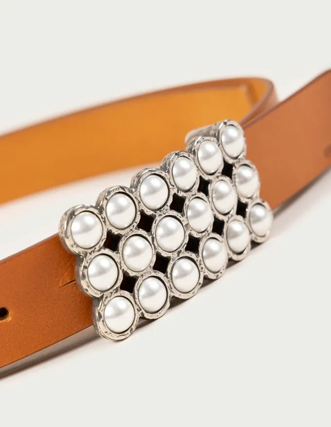 Belt Anaïs. Beautiful silver rectangular buckle adorned with pearls