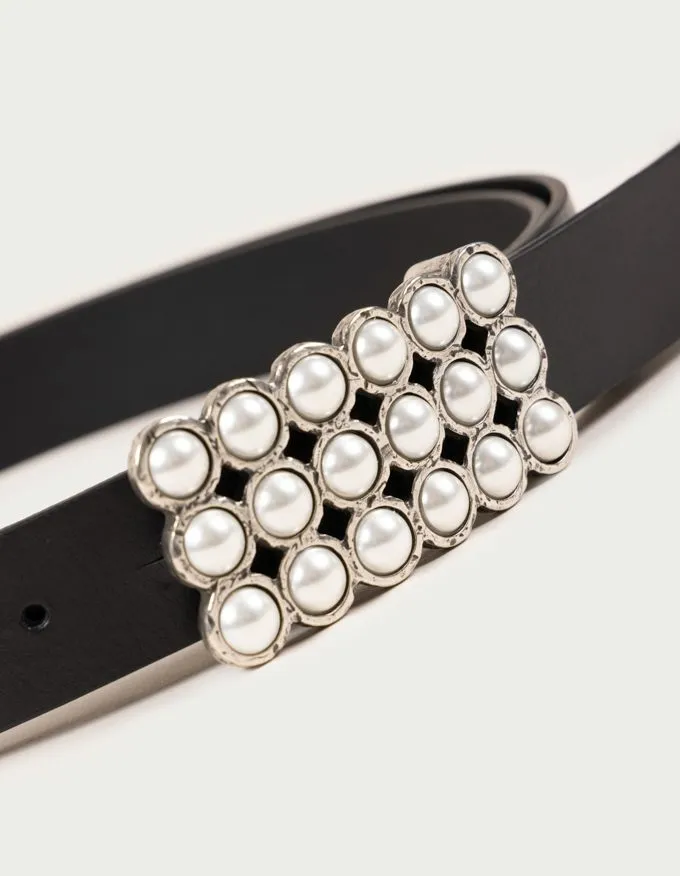 Belt Anaïs. Beautiful silver rectangular buckle adorned with pearls