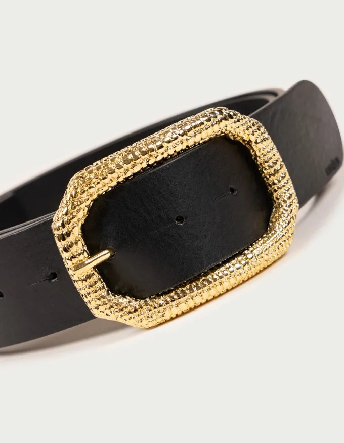 Belt Lizard Oro. Golden buckle with lizard engraving.