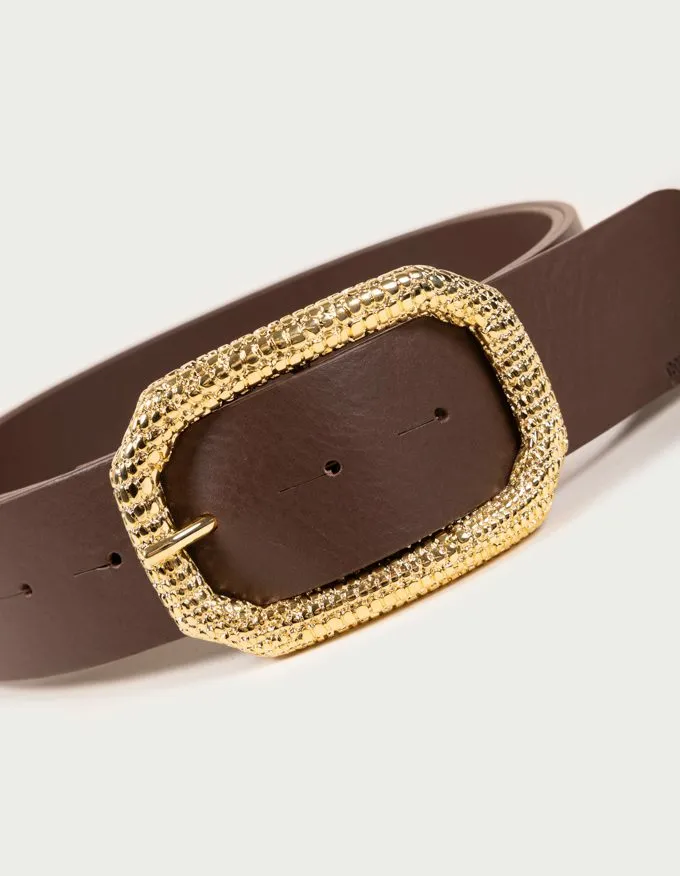 Belt Lizard Oro. Golden buckle with lizard engraving.