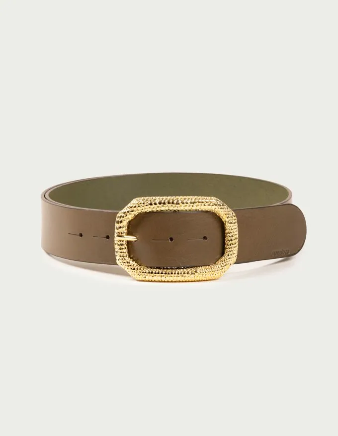 Belt Lizard Oro. Golden buckle with lizard engraving.