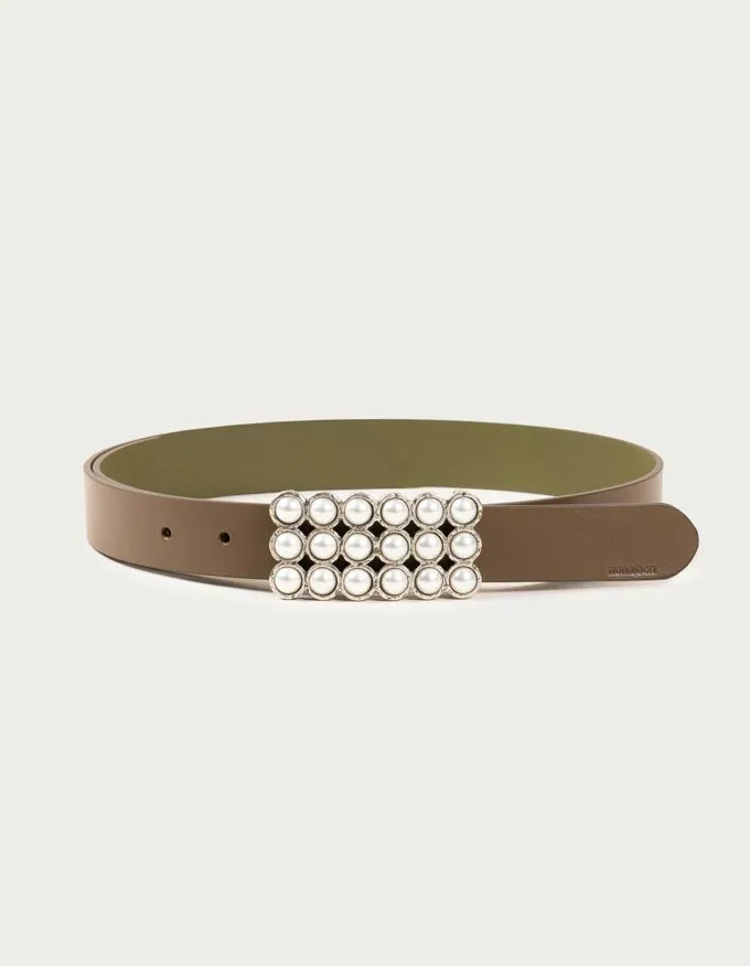 Belt Anaïs. Beautiful silver rectangular buckle adorned with pearls