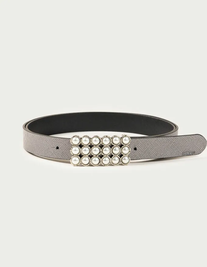 Belt Anaïs. Beautiful silver rectangular buckle adorned with pearls