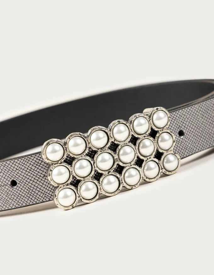 Belt Anaïs. Beautiful silver rectangular buckle adorned with pearls