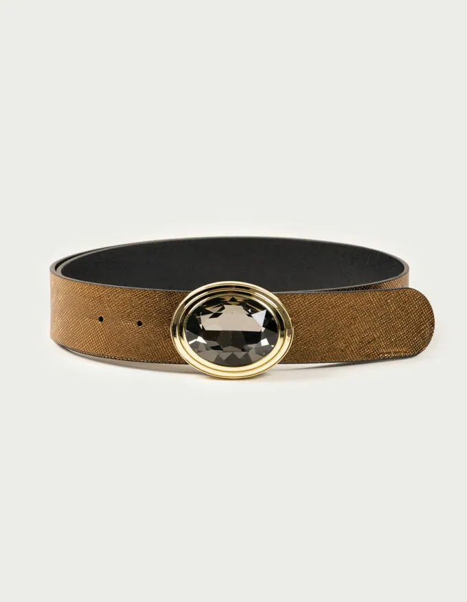 Belt Frida Doré. Golden jewel buckle with smoked glass.