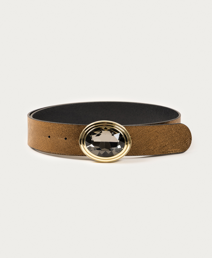 Belt Frida Doré. Golden jewel buckle with smoked glass.