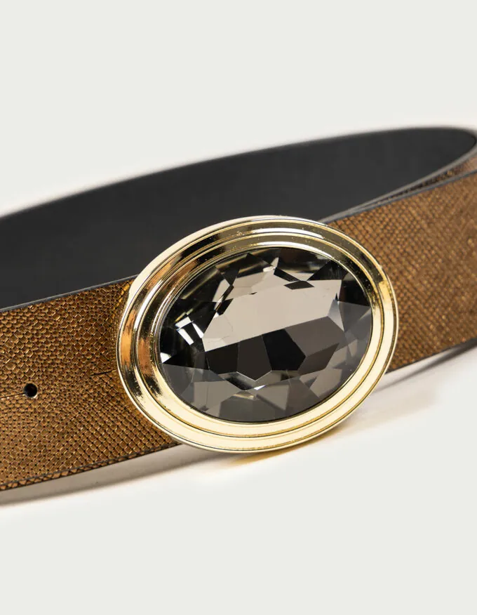 Belt Frida Doré. Golden jewel buckle with smoked glass.