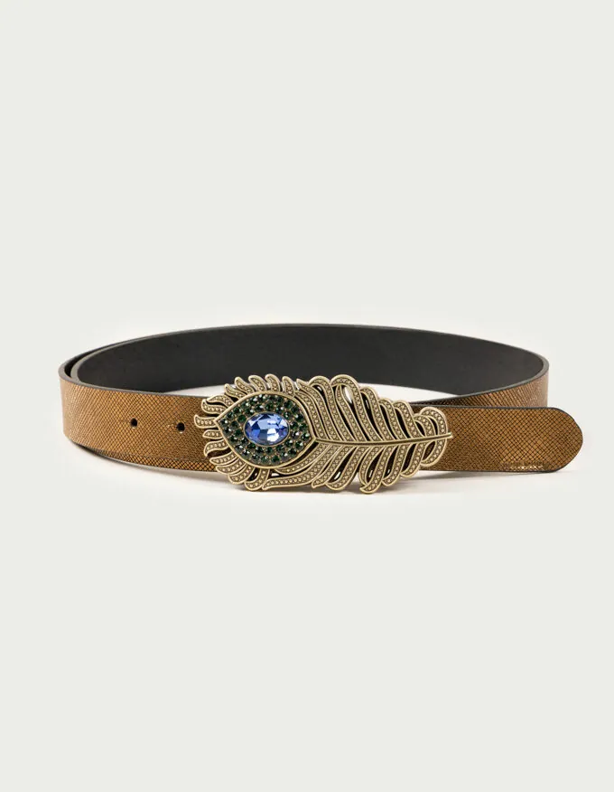 Belt Olympia. Golden feather design buckle with blue and green crystals.